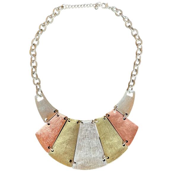 Tri-Tone Metal Bib Necklace - Modern Geometric Statement Piece - Picture 4 of 6